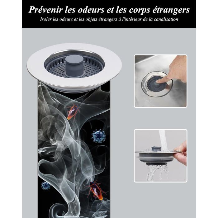 Crépine d'évier - AIMOONSA - S1 - Acier inoxydable/ABS - Ø 70–86 mm - 3-en-1 (bouchon, passoire, anti-odeur)