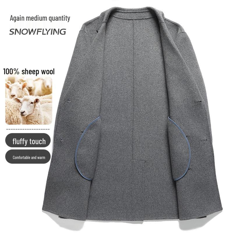 SNOWFLYING Men's 100% Merino Wool Double-Faced Mid-Length Overcoat