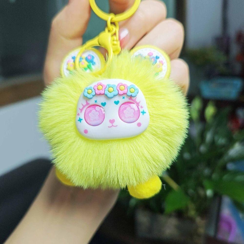Cute Flower Sea Bear Keychain Pompom Plush Bear Pendant Furry Bear Keychain  Kids Gift
