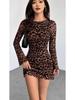 Spring/Autumn Printed Mesh Elegant Leopard Print Long Sleeve Dress