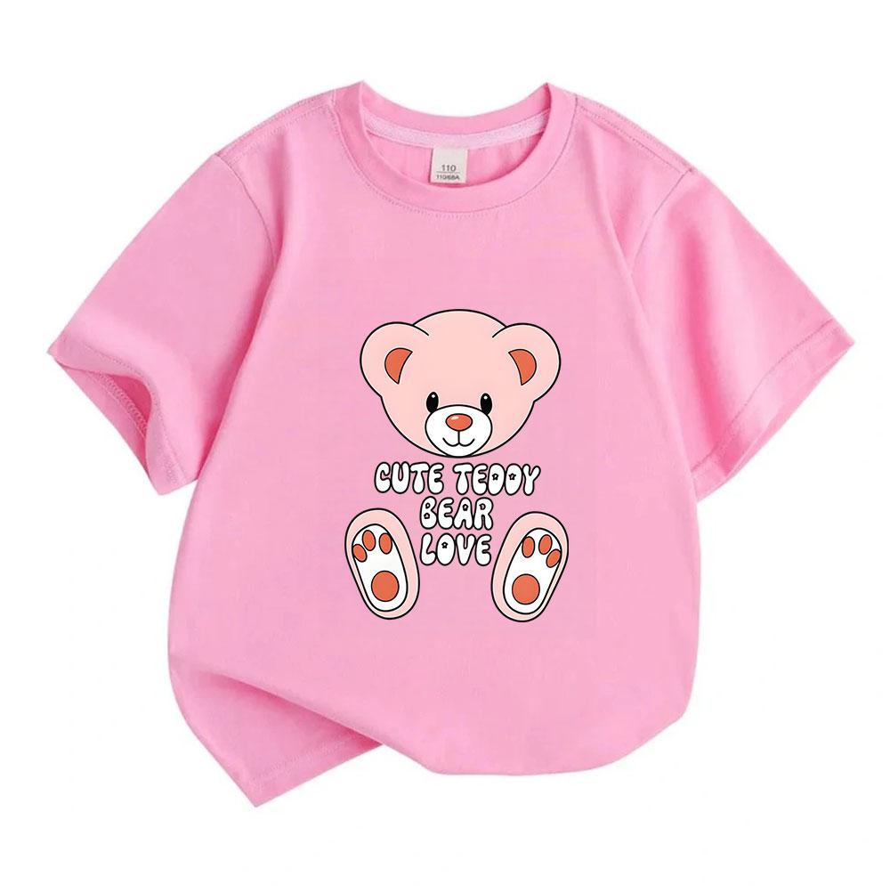 Cute Pink Teddy Bear Print Kids 100% Cotton O-neck Short Sleeve T-shirt for Boys Girls Casual Comfortable Summer Lovely Cartoon Tee Tops Daily Wear
