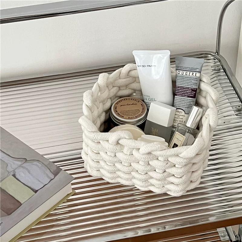Handmade Cotton Rope Storage Basket Jewelry Storage Baskets Living Room Desktop Organize Box with Handle Bedroom Organizing Box
