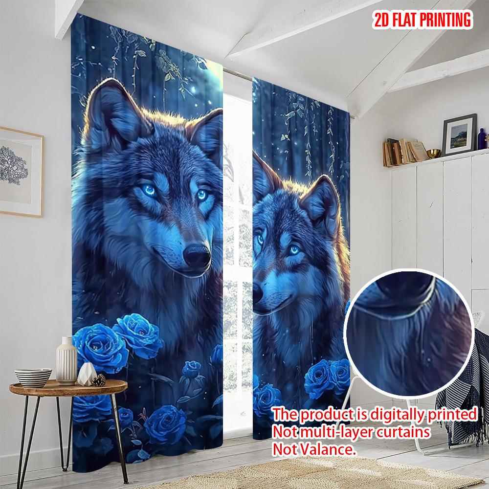 2pc  2D Plane Printing Curtains&Window Treatment Mystical Wolf & Blue Roses Polyester Easy Install (without Rod) Festive Perfect