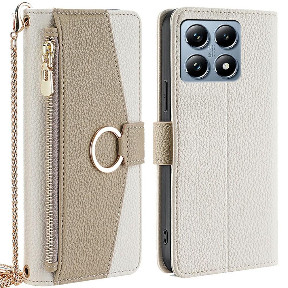 

For Xiaomi 14T Pro Case Mirror Wallet Leather Phone Cover with Chain Shoulder Strap White