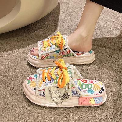 Fashion Fashion Casual Graffiti Thick-soled Slippers for Women Summer Outdoor Wear 2024 New Niche Design Stepping Shit Feeling Beach