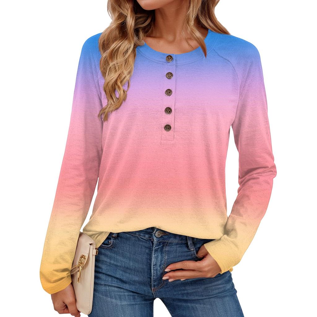 Women's Fashionable Gradient Print Round Neck Long-sleeved Top