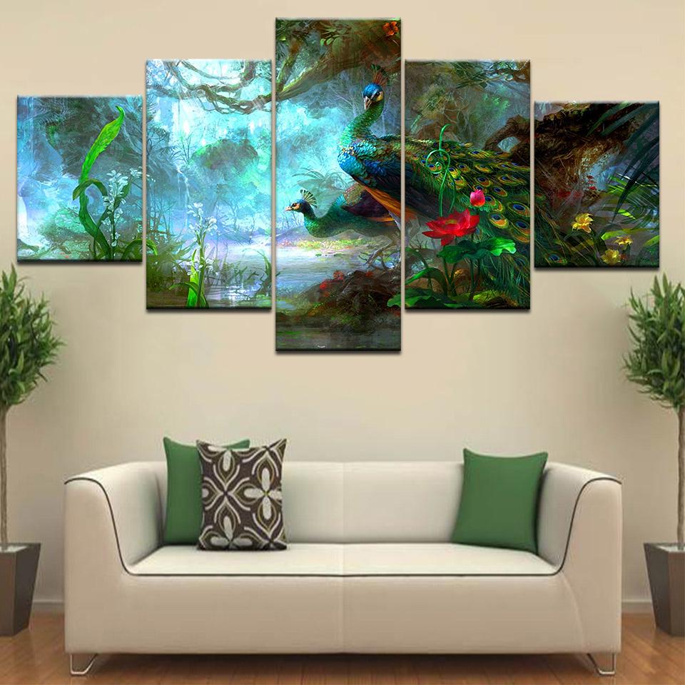 5 Pieces Wall Art Beautiful Blue Big Tail Bird Painting Animal Poster Modular Canvas  Pictures Frame Home Living Room Decor No Frame