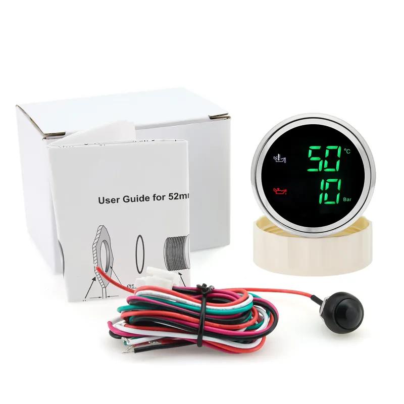 Digital 2 IN 1 Oil Temperature+Oil Pressure Gauge Green Red LED 52mm Gauge with Oil Press/Temp Sensor for Car Boat 12V24V