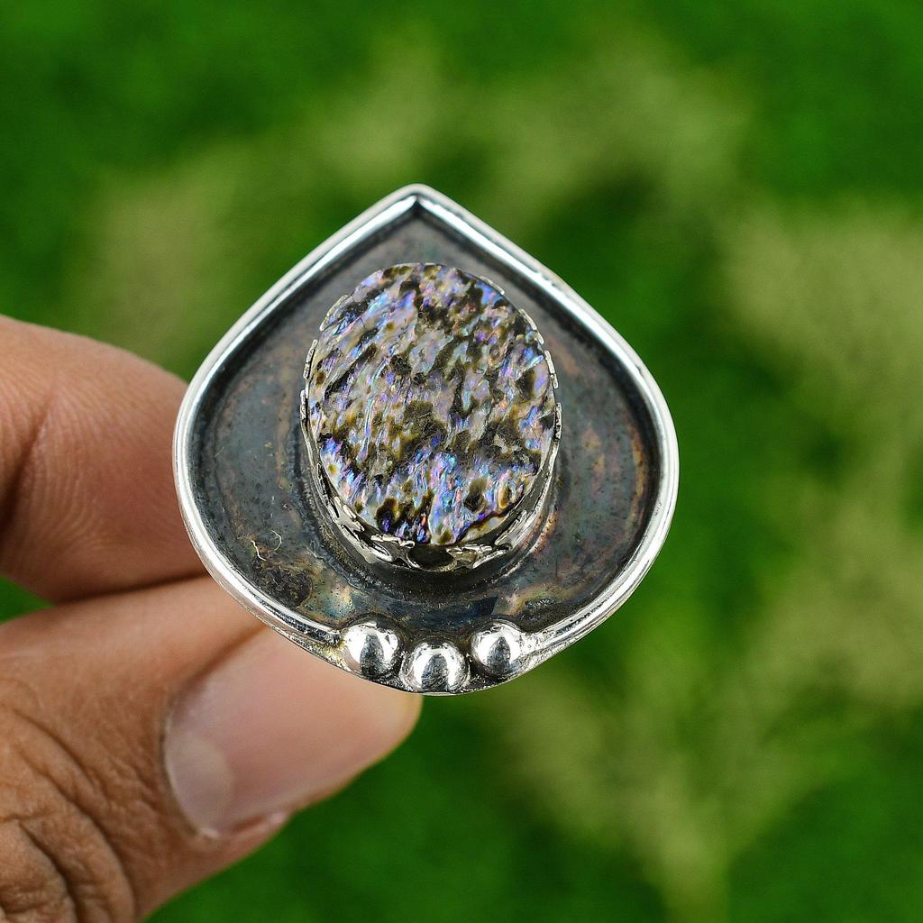Natural Abalone Shell Gemstone Statement Adjustable Ring 925 Sterling Silver