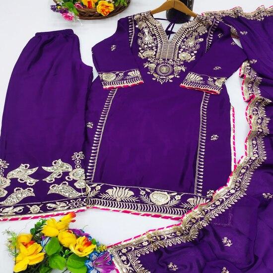 Royal Purple Thread Embroidered Straight Suit Set