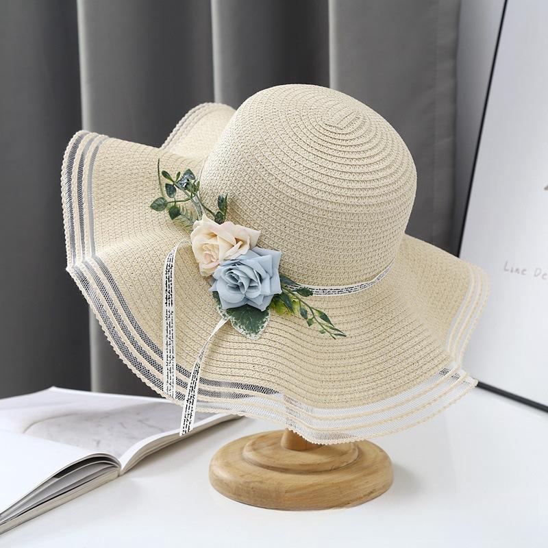 Straw Hat, Versatile In Summer, Seaside Brim, Beach Sun Hat, Fashionable Adult, Simulated Flower, Wave Grass Weaving, Sun Protection