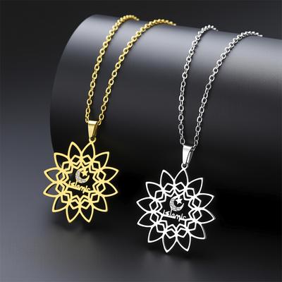  Rhinestones Star Moon Islamic Necklace Women Men Fashion Geometric Flower Pendant Necklace Stainless Steel Islam Jewelry