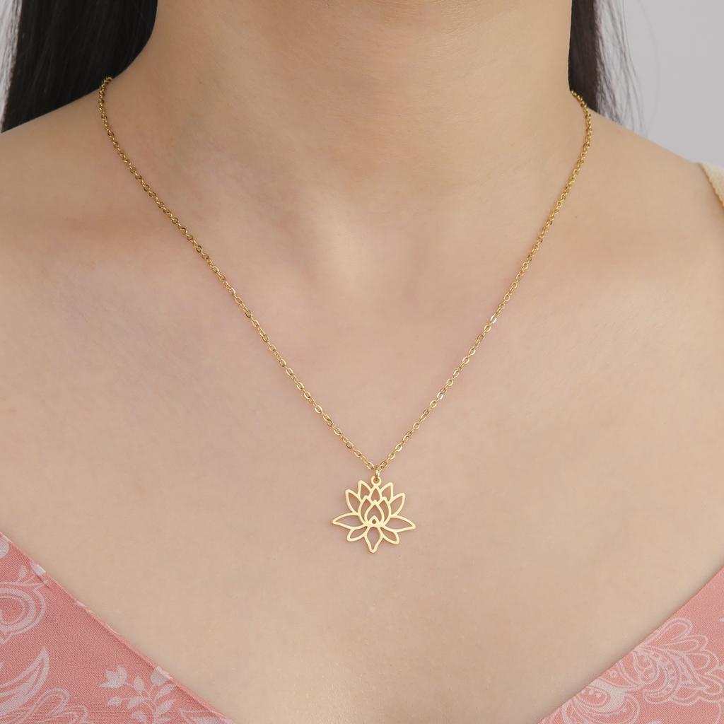 Teamer Lotusblume Anhänger Halskette Edelstahl Yoga Buddhismus Amulett Schmuck für Frauen Doppellagige Perlenkette Geschenk
