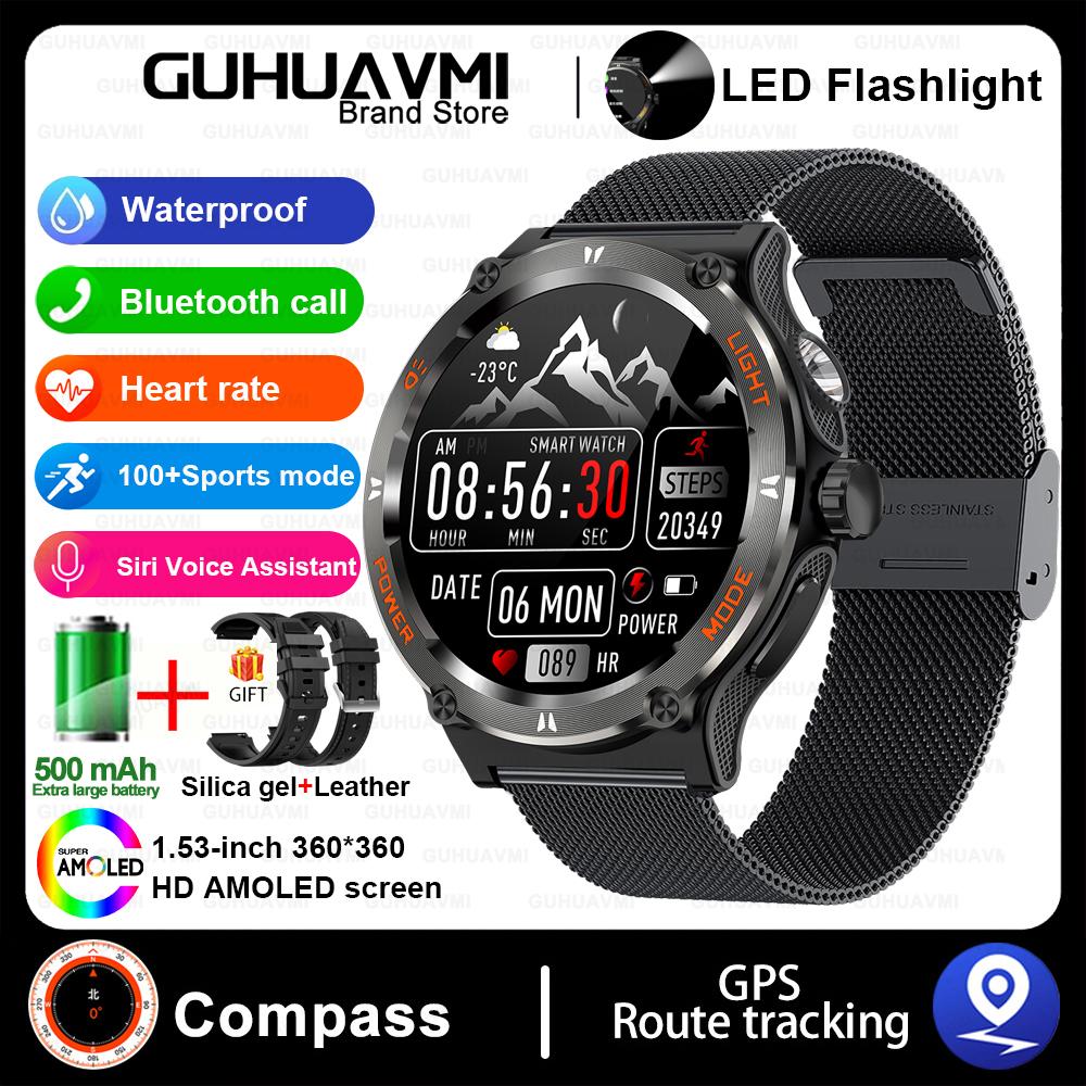 Outdoor Military Smart Watch Men LED Strong Light AMOLED Screen Heart Rate Compass Bluetooth Call 3ATM Waterproof Smartwatch