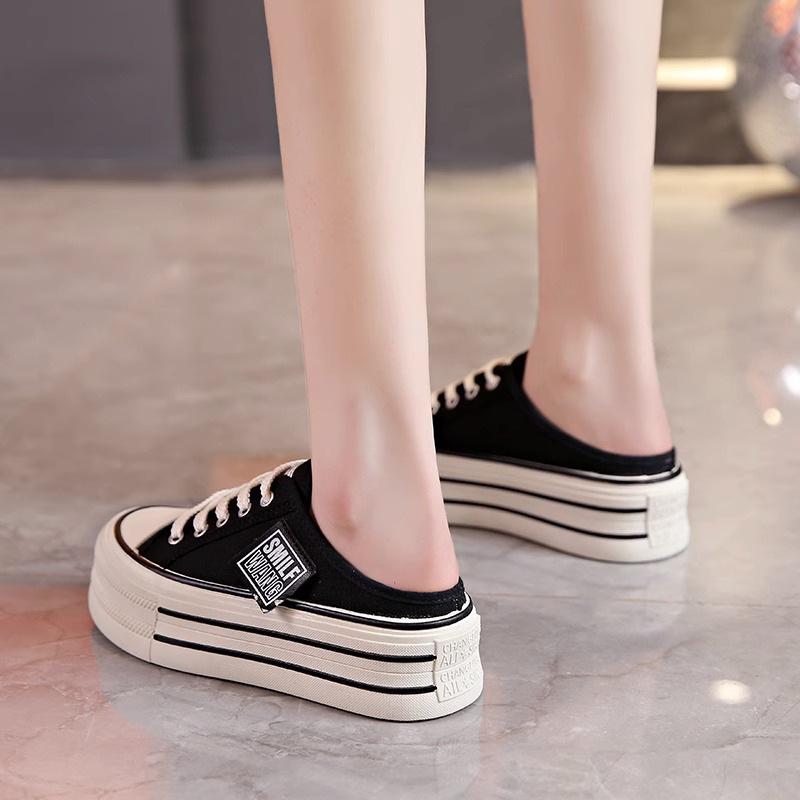 Canvas half slippers women's summer outer wear new high-end thick bottom heightened no heel lazy