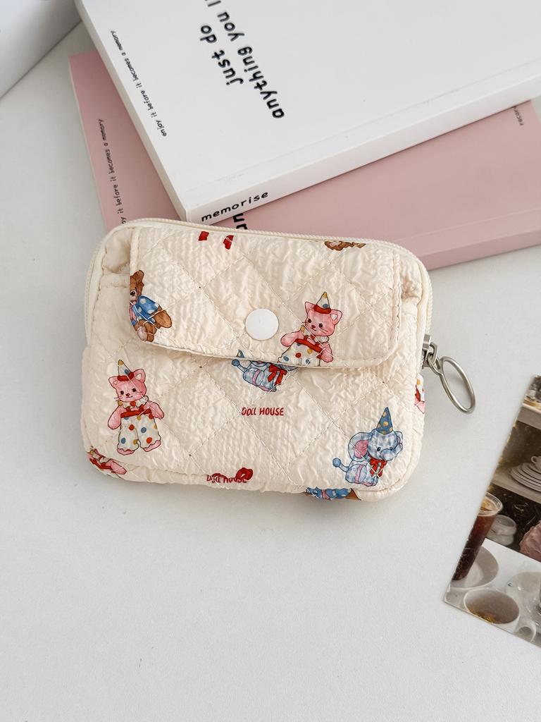 Cute Cartoon Bowknot Print Women's Zipper Change Bags Quilted Plaid Ladies Portable Clutch Storage Bag Female Multi Pocket Purse