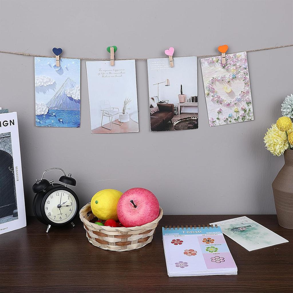 Heart Clothesp, 50 PCS Mini Colorful Clothesp Cute Wooden Clips Small Clothes Pin Photo String Hanging Photo Display with Clips for Home Party