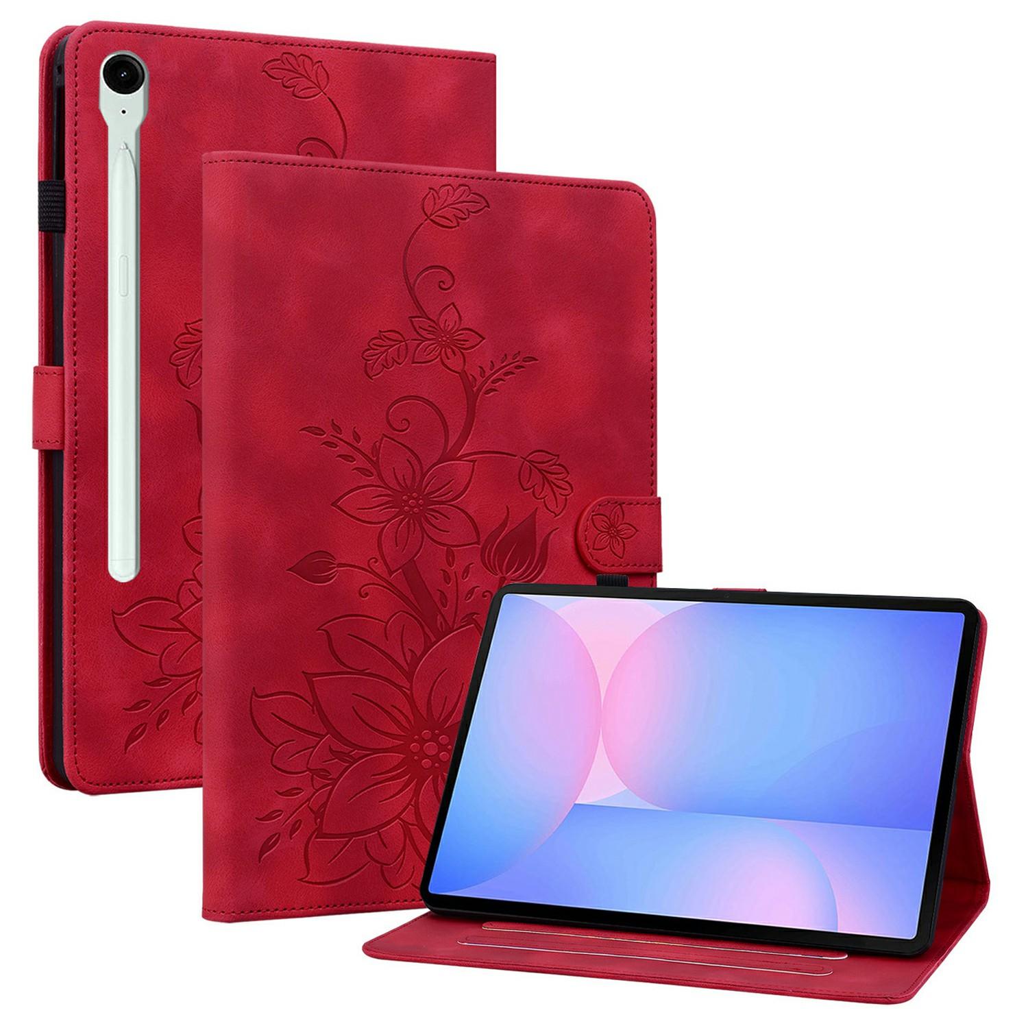 

For Samsung Galaxy Tab S10 FE+ Case Lily Flower Imprint Card Slots Leather Tablet Cover Red