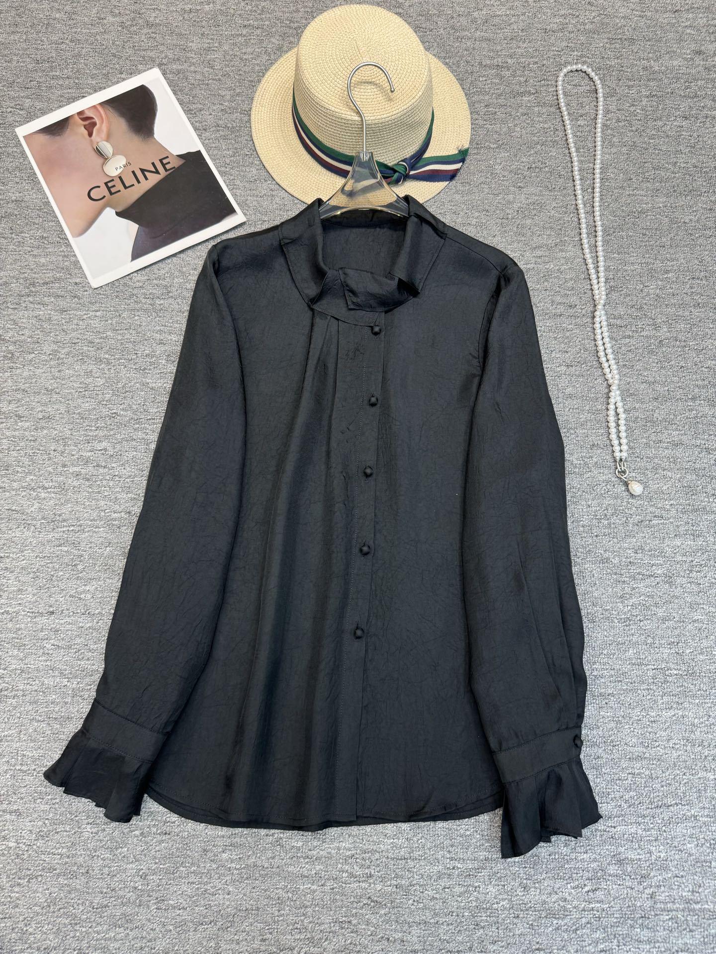 2026 Spring Acetate Floral Shirt for Women - Versatile Wear with Ruffle Collar S чёрный