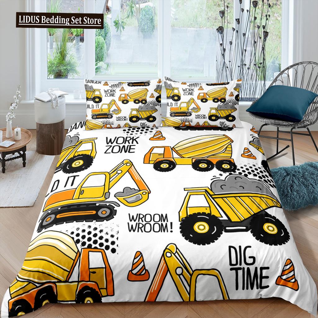 Cartoon Feuerwehrauto King Queen Bettwäscheset für Jungen Kinder Betonmischer Bettbezug Traktor Kran Bagger Polyester Quiltbezug