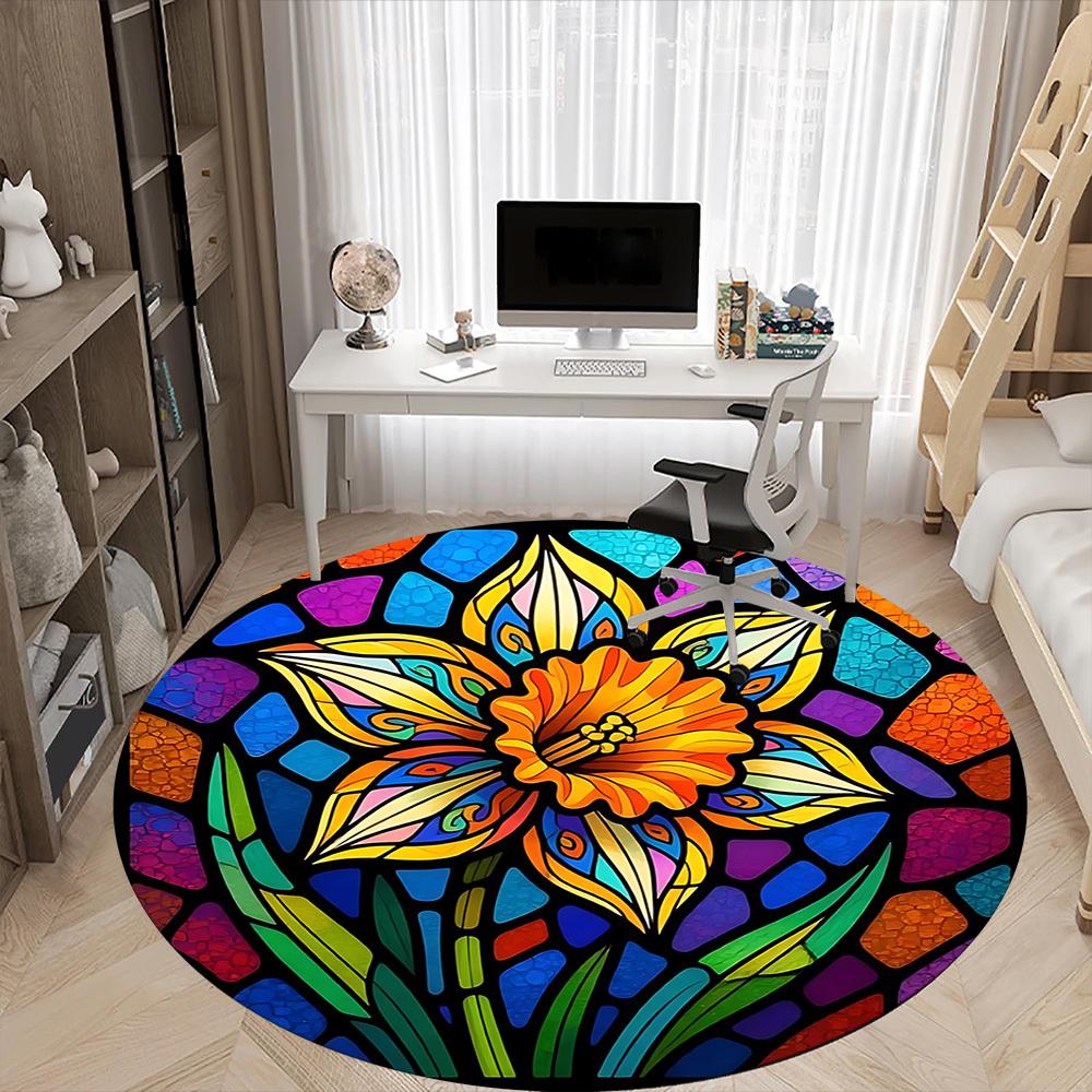 1pc Stained Glass Flower Office Round Area Rug, Indoor Mat Suitable ForOffice, Under Office Chairs Bedroom Living Room Home Decor, Room Deco  D054