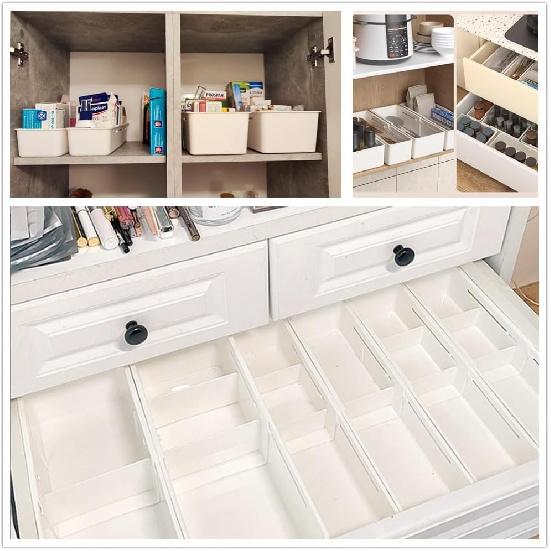 2PCS Expandable Storage Drawer Organizers Sliding Bin Plastic Desk Drawer Trays with Removable Dividers Adjustable Makeup Storage Bins for Bedroom,