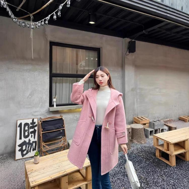 Small Version Hooded Horn Buckle Double Sided Wool Coat Medium Long