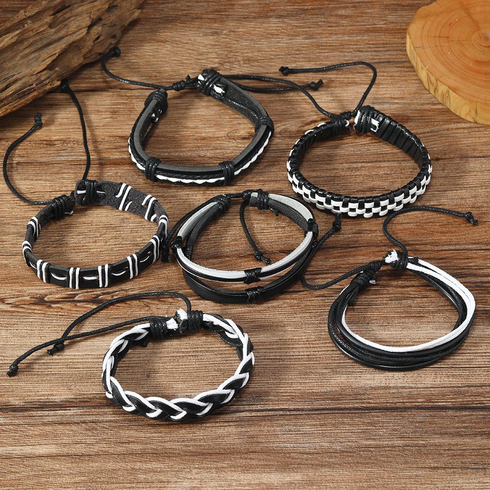 Foreign trade new street hip-hop style adjustable leather woven hand rope set, cross-border men's DIY leather bracelet