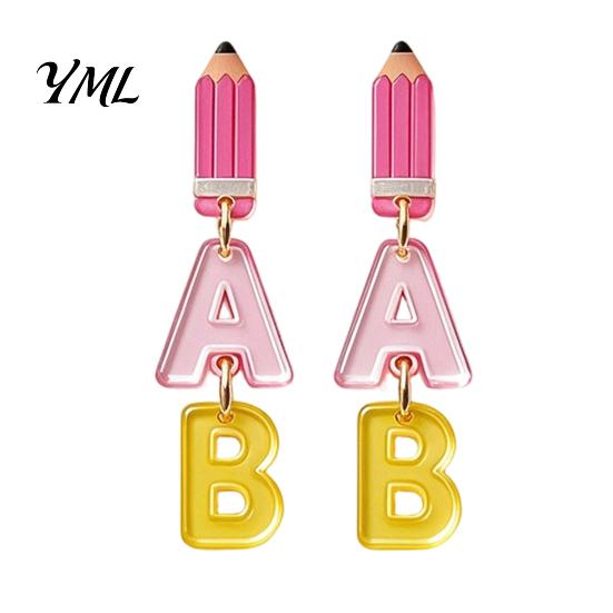 School Supplies Pendant Earrings 1 Pair Teacher for Women, Cute 2D Acrylic Crayon Pencil Backpack Youthful Look Fashion Accessories Number Alphabet