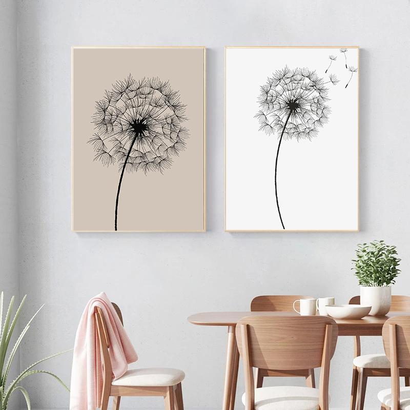 Feather Tree Neutral Dandelion Poster Minimalist Botanical Canvas Painting Print Wall Art Picture for Living Room Home Decor