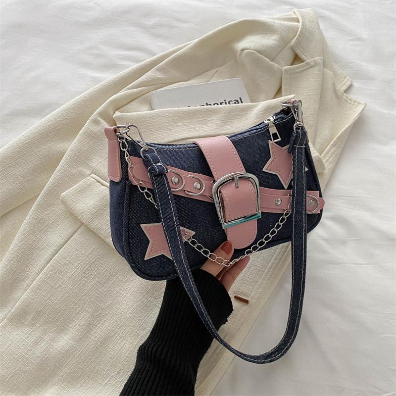 2024 Women's Spring Korean Style Armpit Bag Street Chic Denim Shoulder Bag Casual Small Square Bag Trendy Chain Bag Black