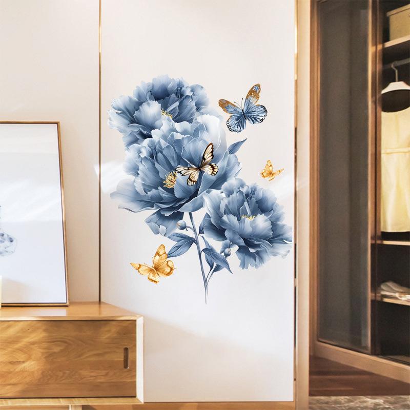 Kreative Blaue Blume Schmetterling Wandaufkleber Selbstklebend Abnehmbar Heimdekor für Wohnzimmer Schlafzimmer Eingang