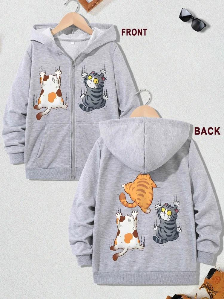 Giacca con zip e cappuccio per bambina, con simpatico gatto cartone animato che graffia, manica lunga, felpa casual per bambini per l'uso quotidiano, da strada, all'aperto