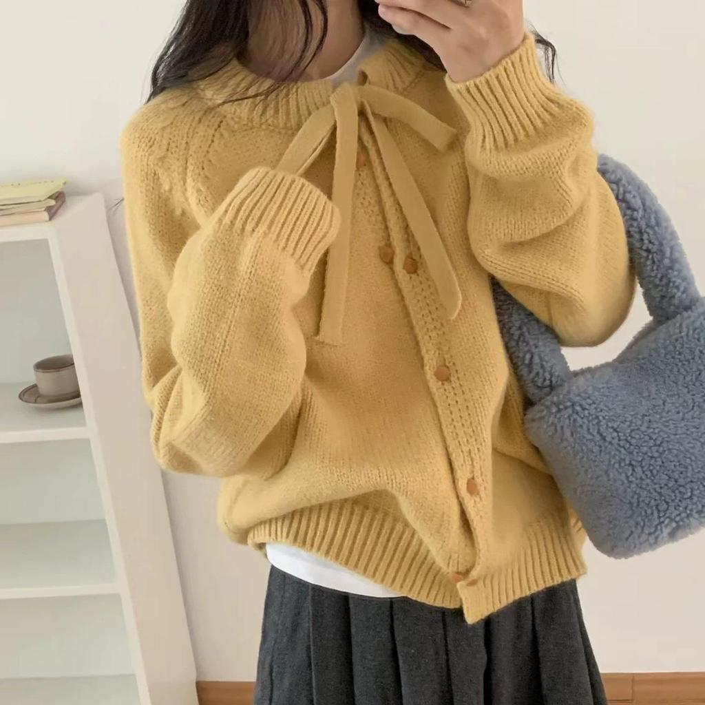 Women's Lace-Up Solid Knit Cardigan - 2026 Spring/Autumn Casual Loose Sweater Coat.