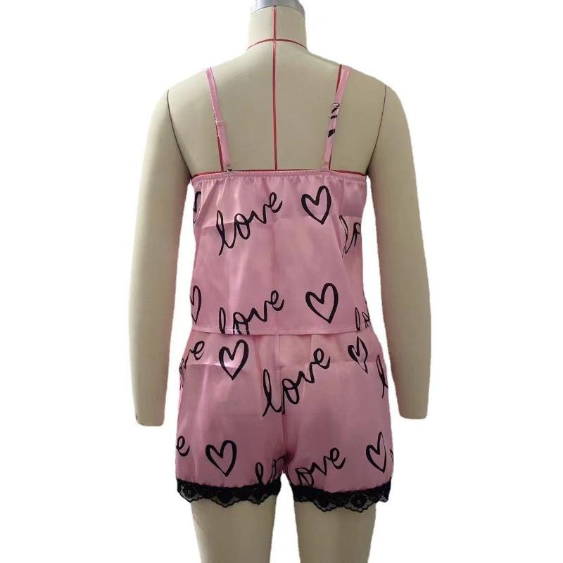 Valentine's Day Cute Printed Pajamas Women's Spring/Summer Breathable Ice Silk Home Fury 2 Piece Sets