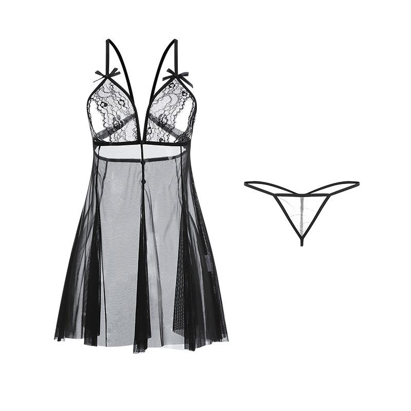 Women's Lace Sheer Bow Comfy Backless Cami Dress Lingerie Set