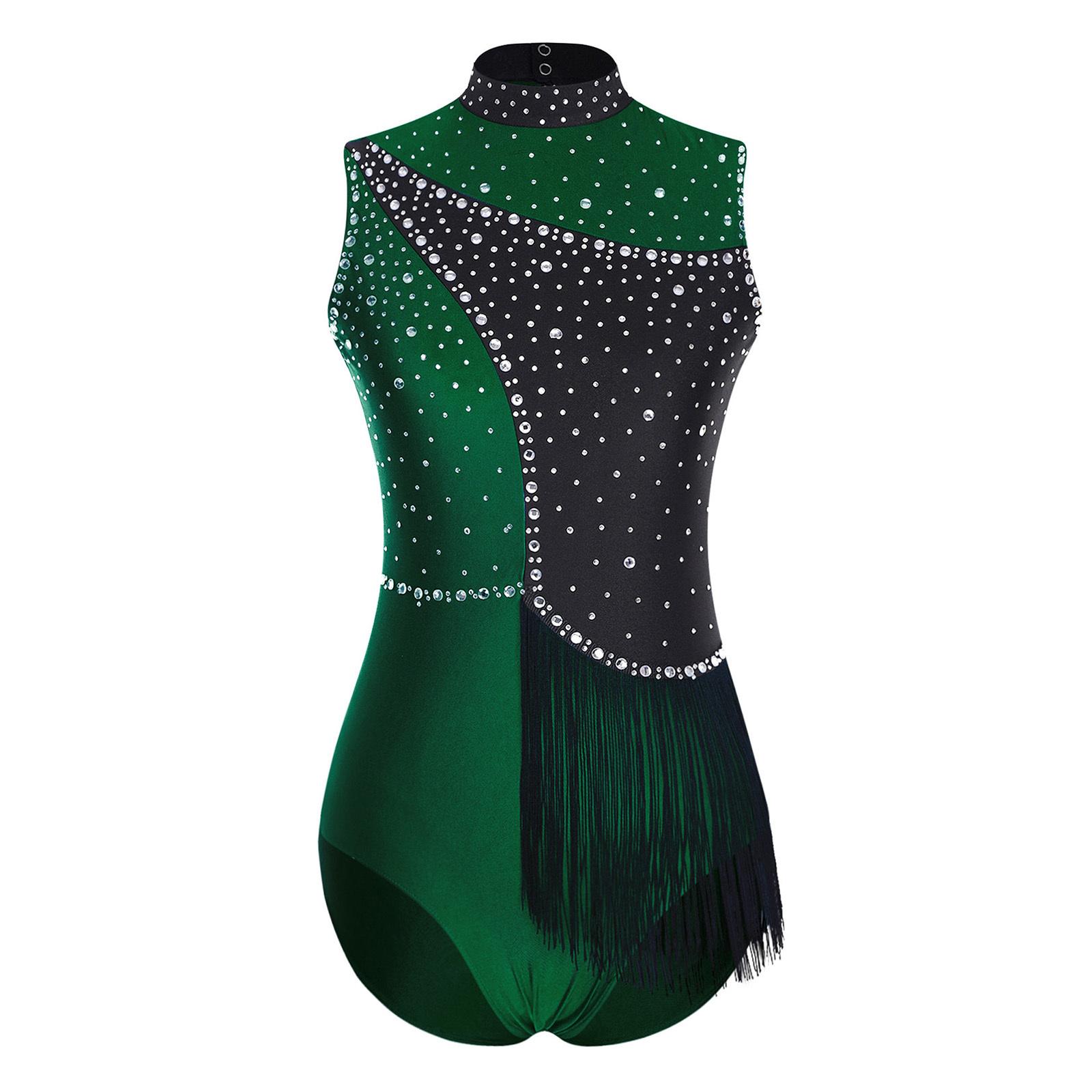 

Жіночий костюм для фігурного катання, боді, блискучі стрази, відкрита спина, бахрома на талії, кольоровий блок, леотард S темно-зелений колір