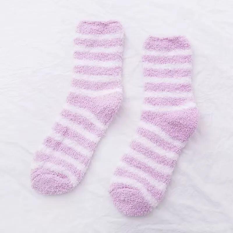 1 Pair Women's Autumn and Winter Striped Coral Fleece Sleep Socks Thickened Warm Mid-Calf Home Socks Simple Floor Socks