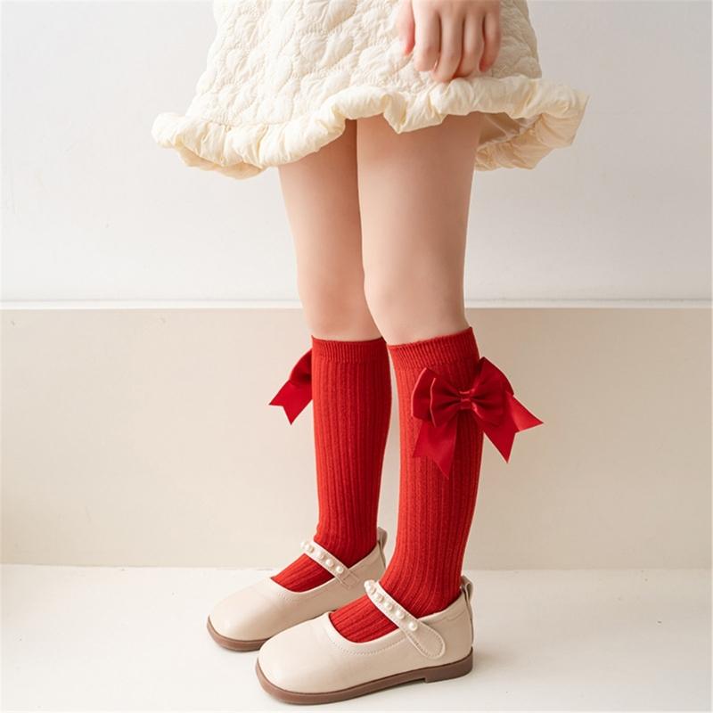 Girls Knee High Cotton Socks Big Ribbons Bow Back To School Socks, Ribbons Bows Long Socks Uniform Party Wear Stockings