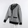V-Neck Women Button Black Houndstooth Cardigan Long Sleeve Sweater Autumn Winter Knitted Loose Oversized Jumper Casual
