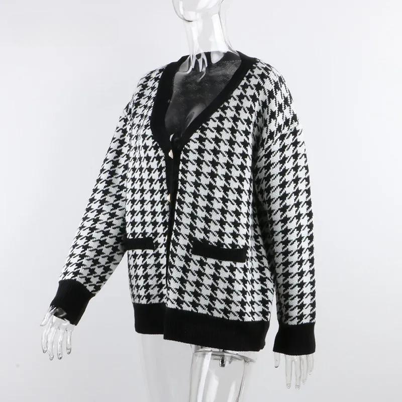 V-Neck Women Button Black Houndstooth Cardigan Long Sleeve Sweater Autumn Winter Knitted Loose Oversized Jumper Casual