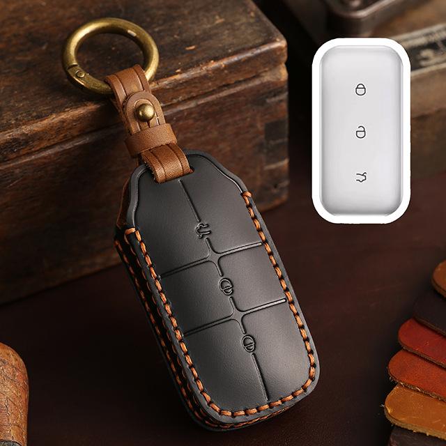 

FOR Geely Galaxy Key Case Top Grain Leather Handstitched Full Cover Scratch Resistant w/ Metal Ring Fits L7 L6 Max чорний