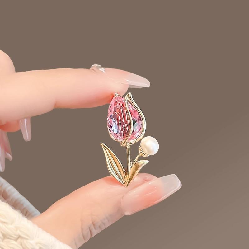 Shiny Tulip Crystal Zircon Flower Pearl Brooch For Women Rhinestone Corsage Pins Party Jewelry Gift