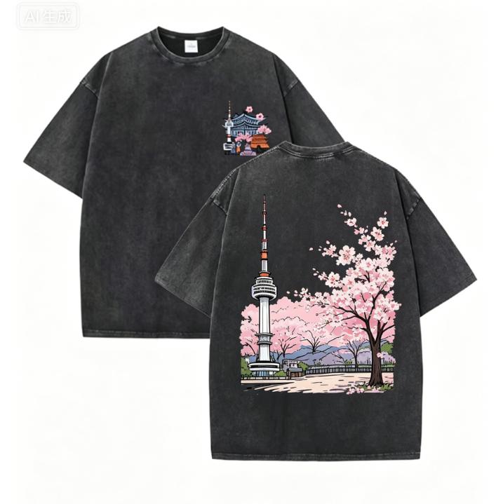 T-shirt Lavata Stampata con Paesaggi Bellissimi di Seoul da Donna Estiva Girocollo Abbigliamento Trendy Cotone Manica Corta Casual Nuove T-shirt