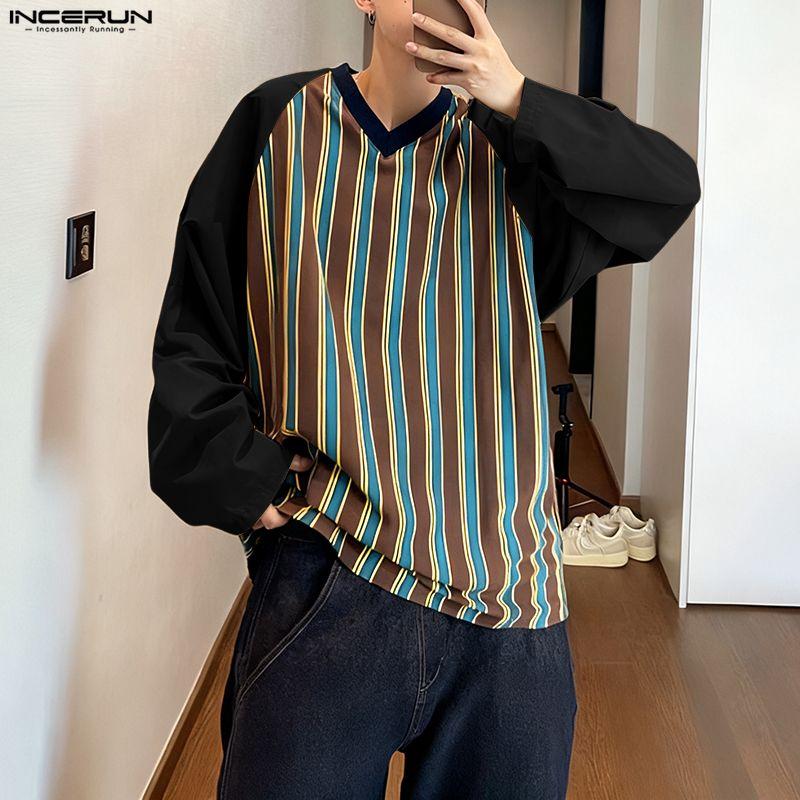 INCERUN Oversized Men V Neck Long Sleeve Striped Print Casual Loose T-shirts Tops