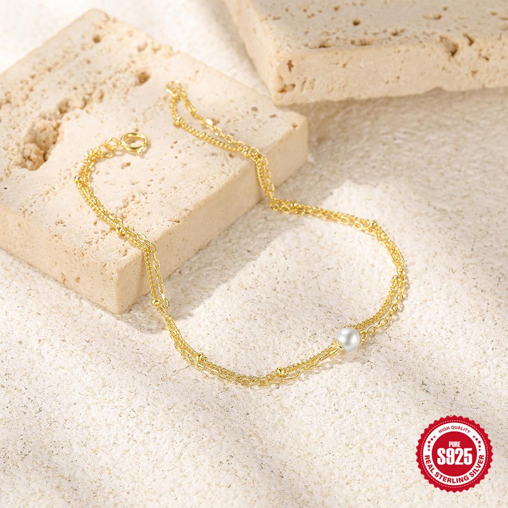 Stylish And Simple Style S925 Sterling Silver Temperament Pearl Double-Layer Bracelet Women'S Stacking Worry-Free Matching