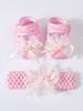 Baby Girls Lace Pearl Rhinestone Bow Crib Shoes & Matching Crochet Headband Set, Soft Dot Anti-Slip Magic Tape Mary Jane Princess Shoes