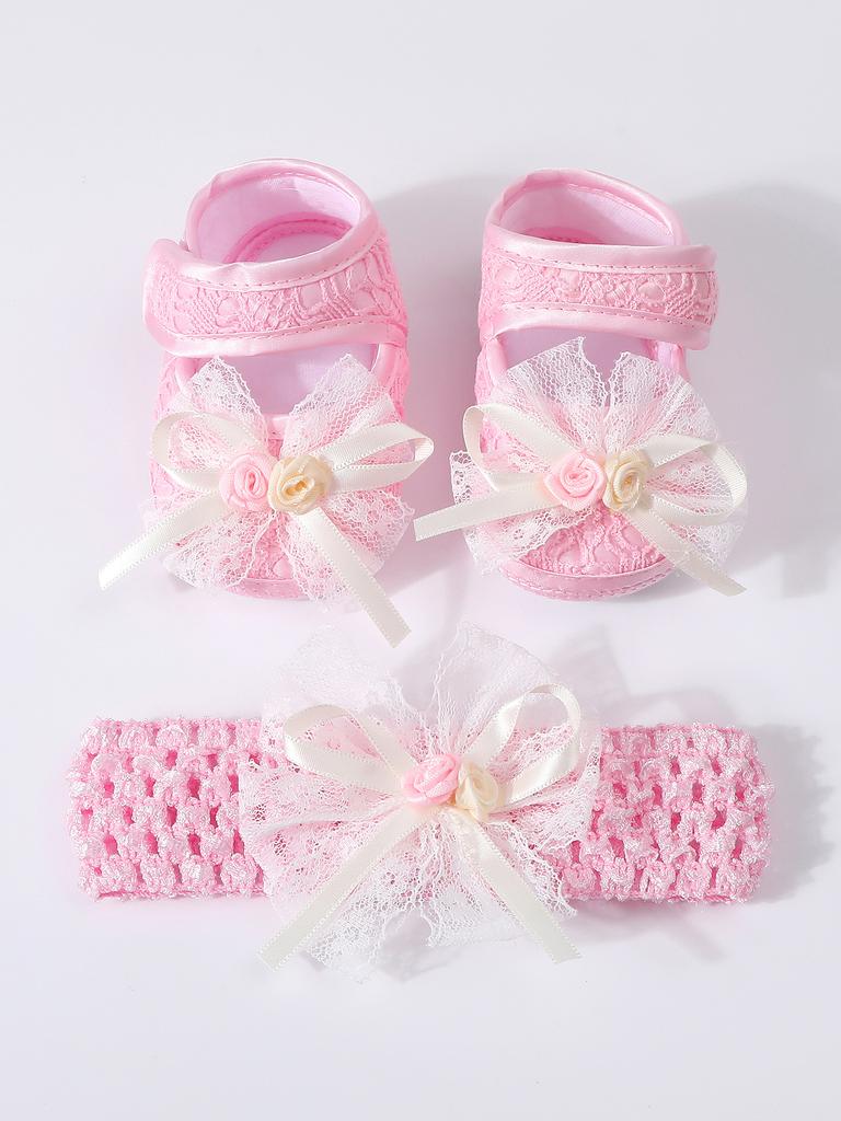 Baby Girls Lace Pearl Rhinestone Bow Crib Shoes & Matching Crochet Headband Set, Soft Dot Anti-Slip Magic Tape Mary Jane Princess Shoes