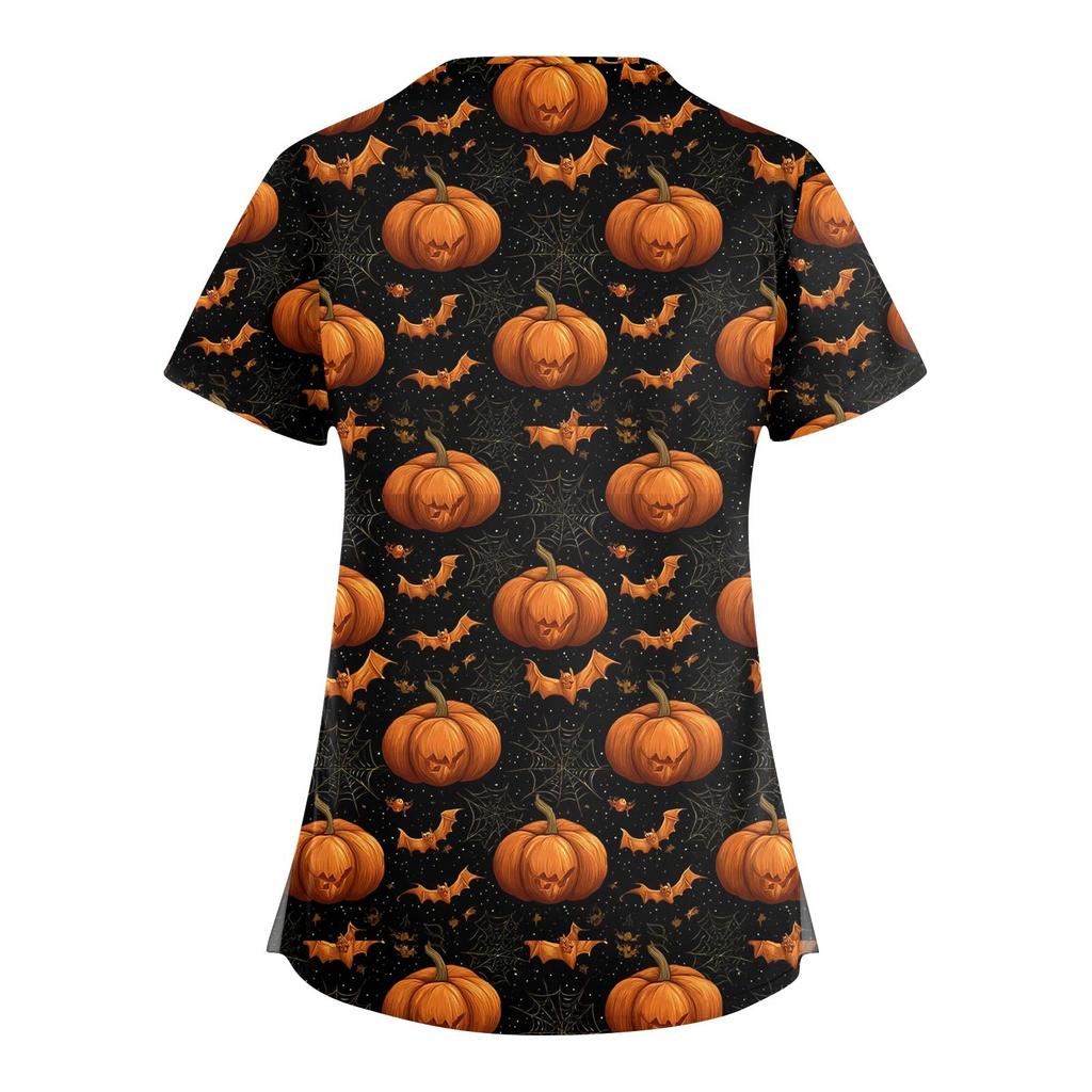 Women's Fashion Cross V Neck Short Sleeve Overalls Double Pockets Halloween Printed Tops Uniforms