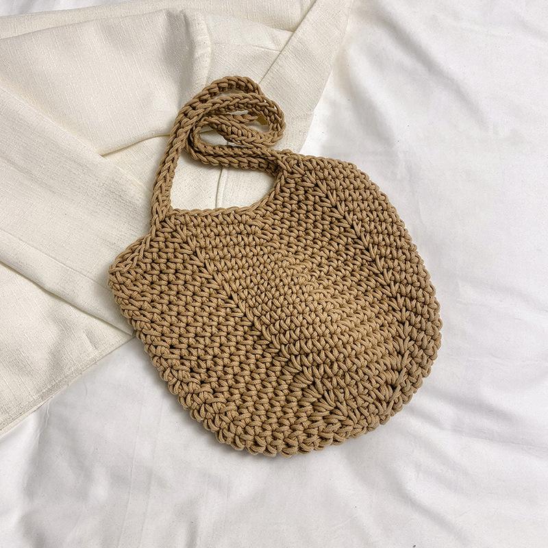 Casual large-capacity cotton thread woven bag, new openwork straw bag, lazy style shoulder bag, vacation beach bag, women's bag